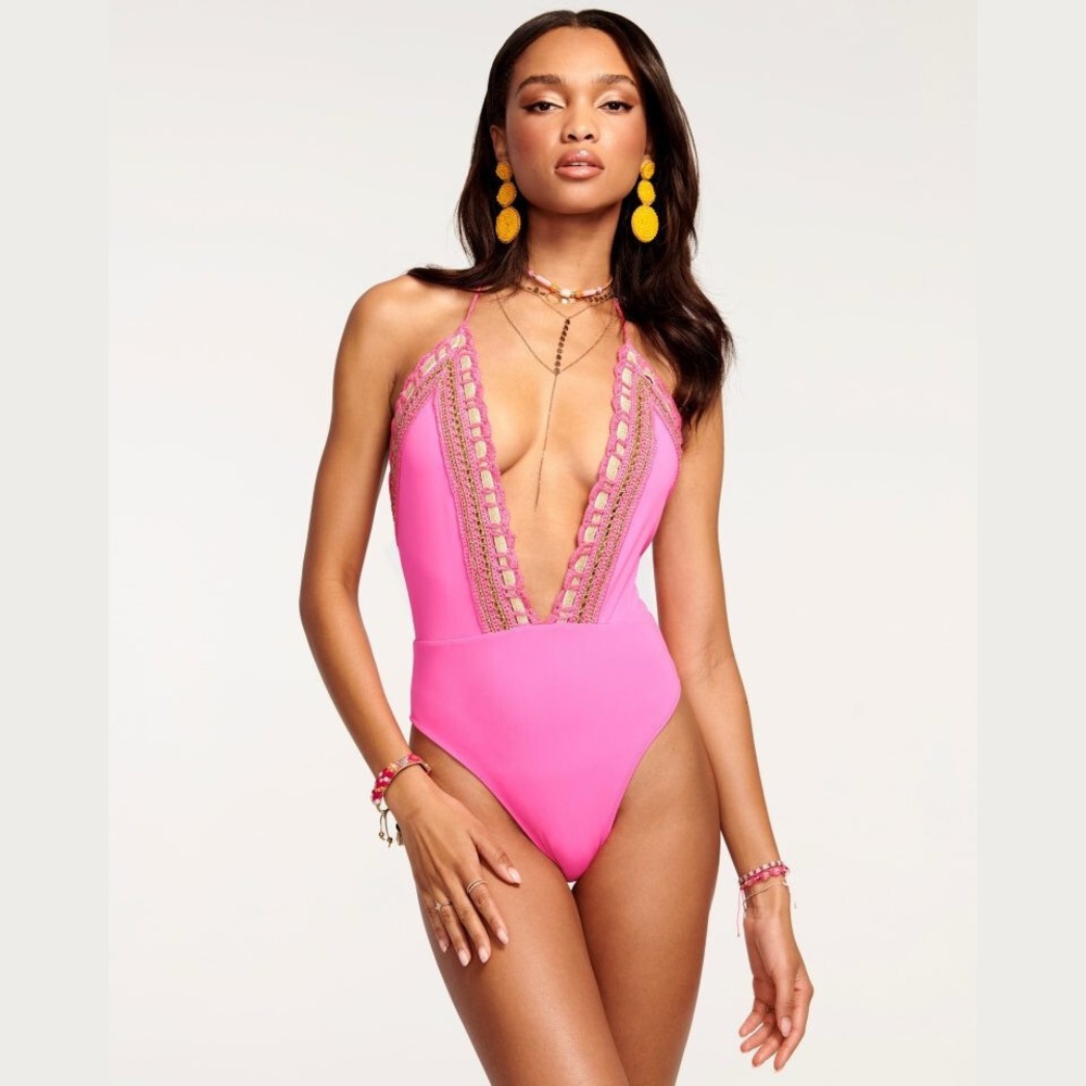 Ramy Brook Angela‎ Plunge One Piece Neon Pink Plunge Crochet Swimsuit Size S